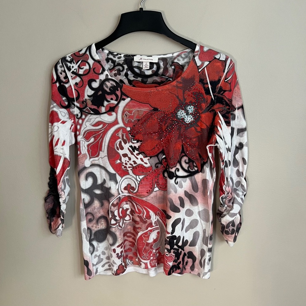 Y2K Womens Red Floral Leopard Rhinestone 3/4 Sleeve Ruched Top M Goth Fairy